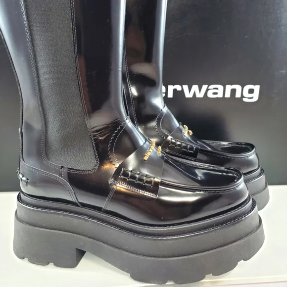 NWT$995 Alexander Wang Carter Black Patent Leather Platform Tall Boots Sz 38 - Picture 9 of 16